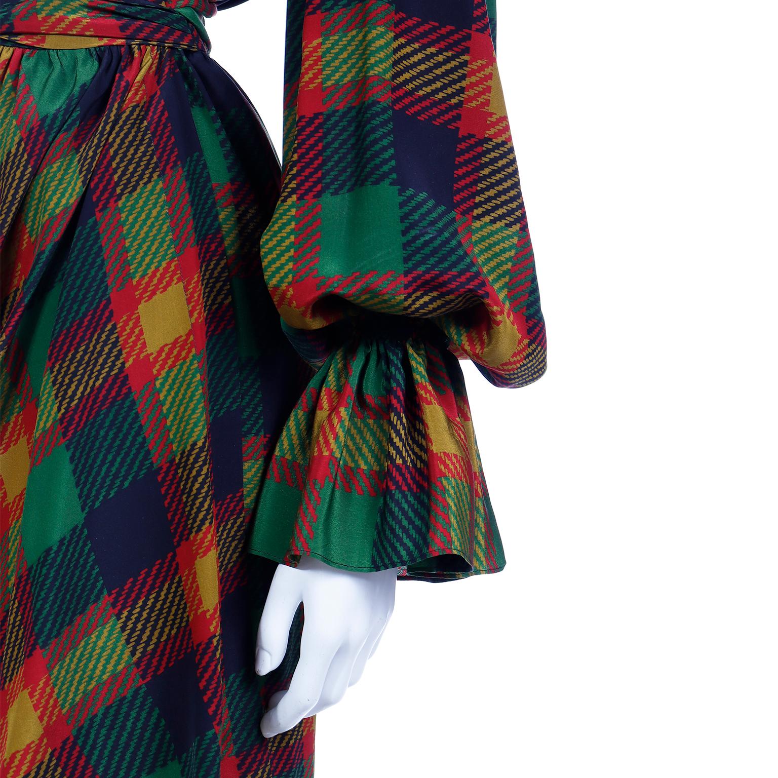 1990 Yves Saint Laurent Green & Orange Plaid Silk 2 pc Dress w Poet Sleeves For Sale 4