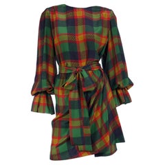 Vintage 1990 Yves Saint Laurent Green & Orange Plaid Silk 2 pc Dress w Poet Sleeves