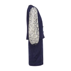 1990 Zandra Rhodes, abito con gonna a maniche a campana in jacquard color navy