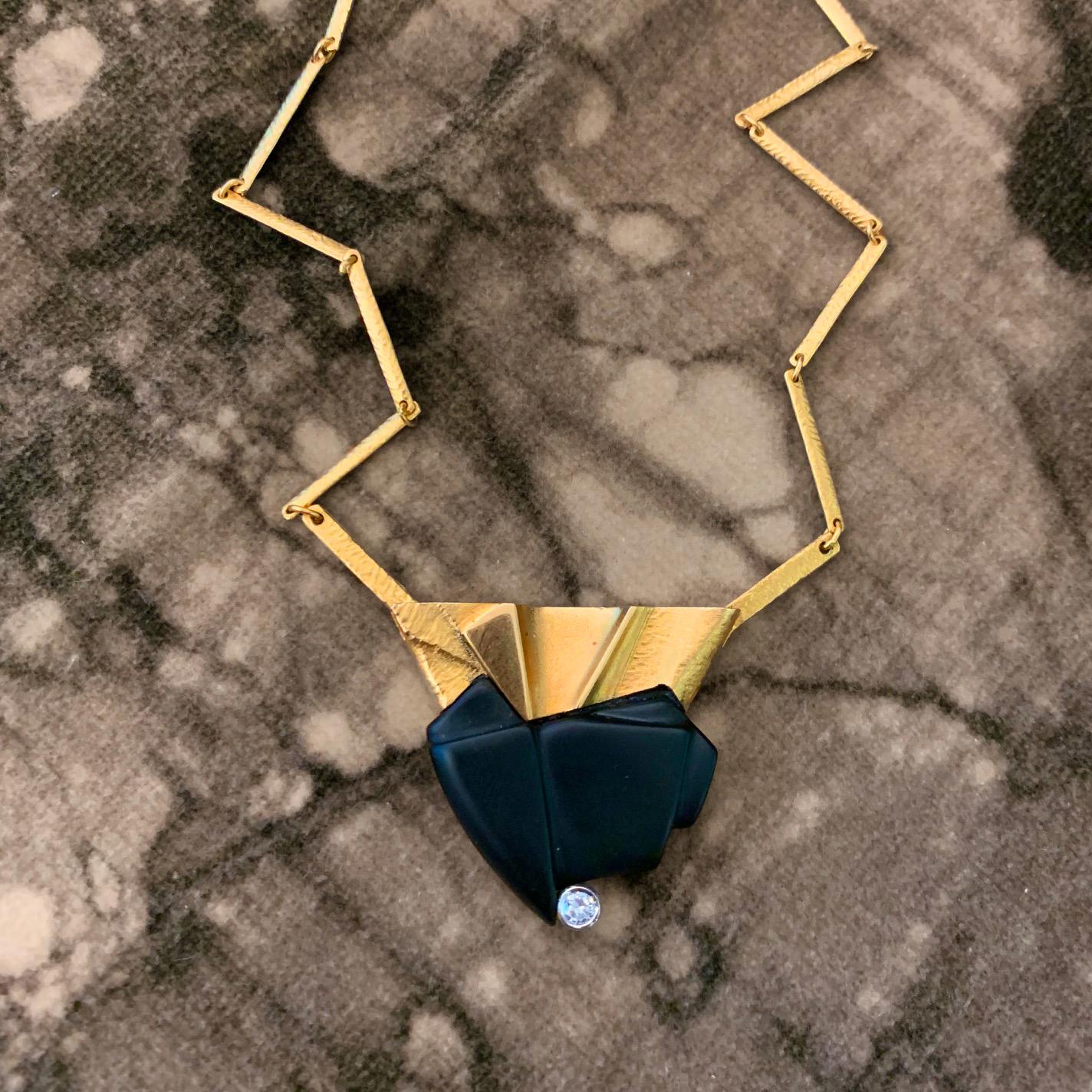 Modern Zoltan Popovitz for Lapponia Onyx, Diamond, and Gold Necklace 1990 For Sale