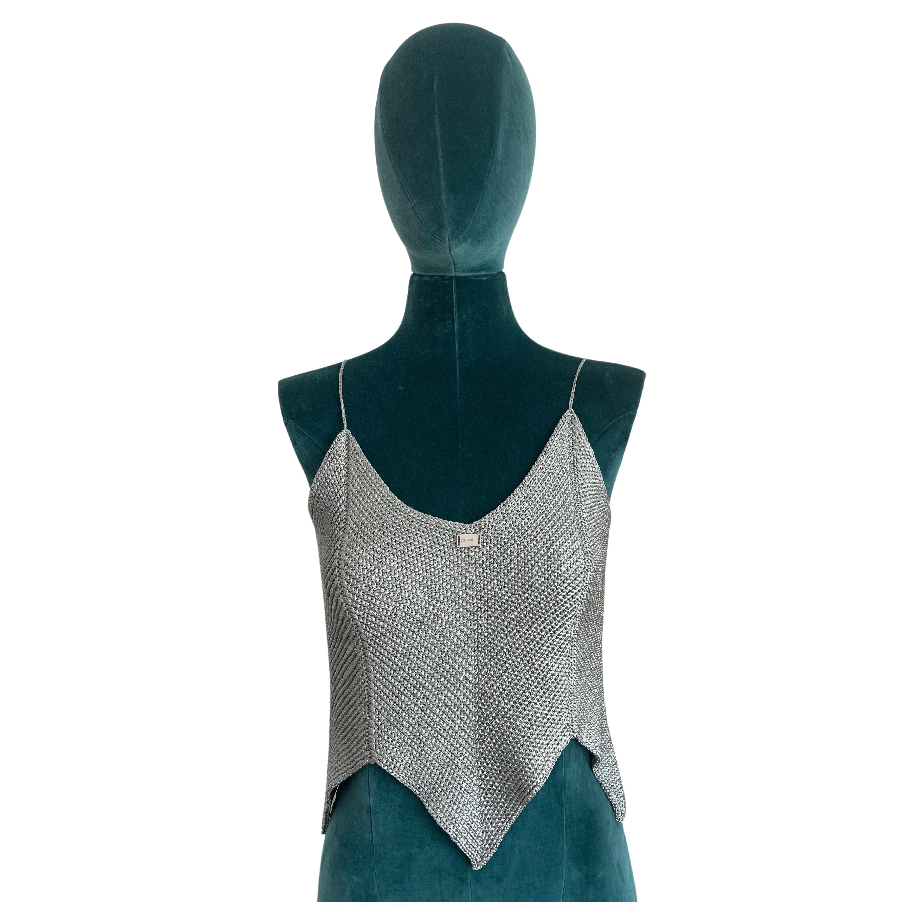 1990a Chanel Runway Knit silver Camisoles with  For Sale