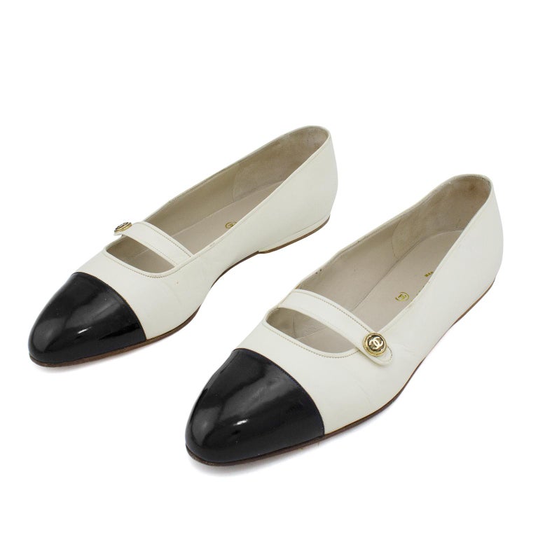 1990s Chanel Cream Mary Jane Flats with Black Patent Cap Toe at