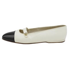 Vintage 1990s Chanel Cream Mary Jane Flats with Black Patent Cap Toe