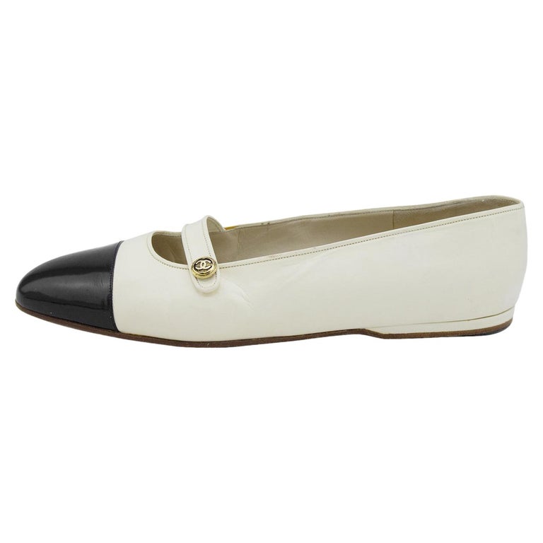 1990s Chanel Cream Mary Jane Flats with Black Patent Cap Toe