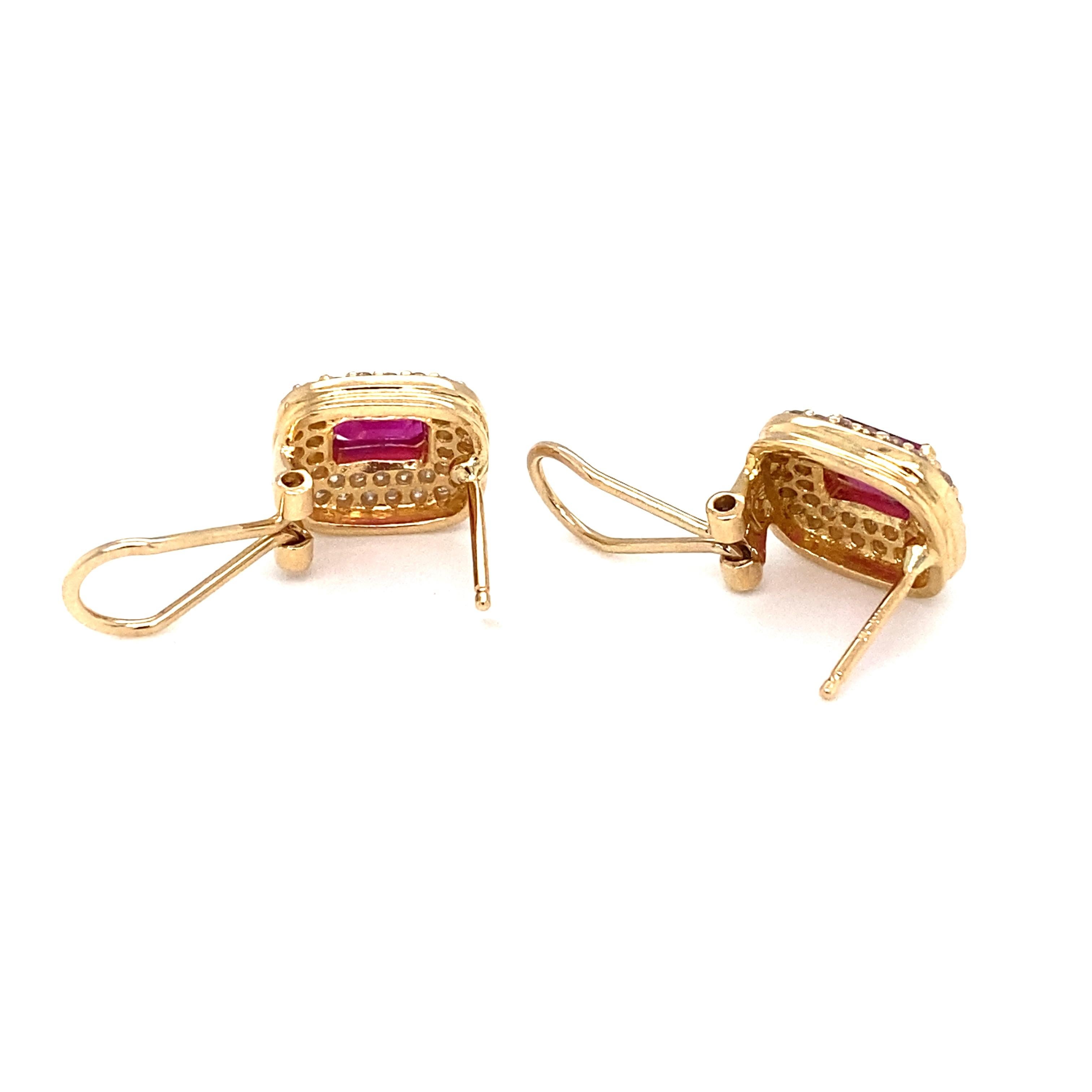 Women's or Men's 1990s 0.60 Carat Ruby and 1 Carat Diamond Earrings in 18 Karat Yellow Gold