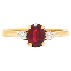 1990's 0.98 CTW Ruby Diamond 18 Karat Yellow Gold Three Stone Vintage Ring