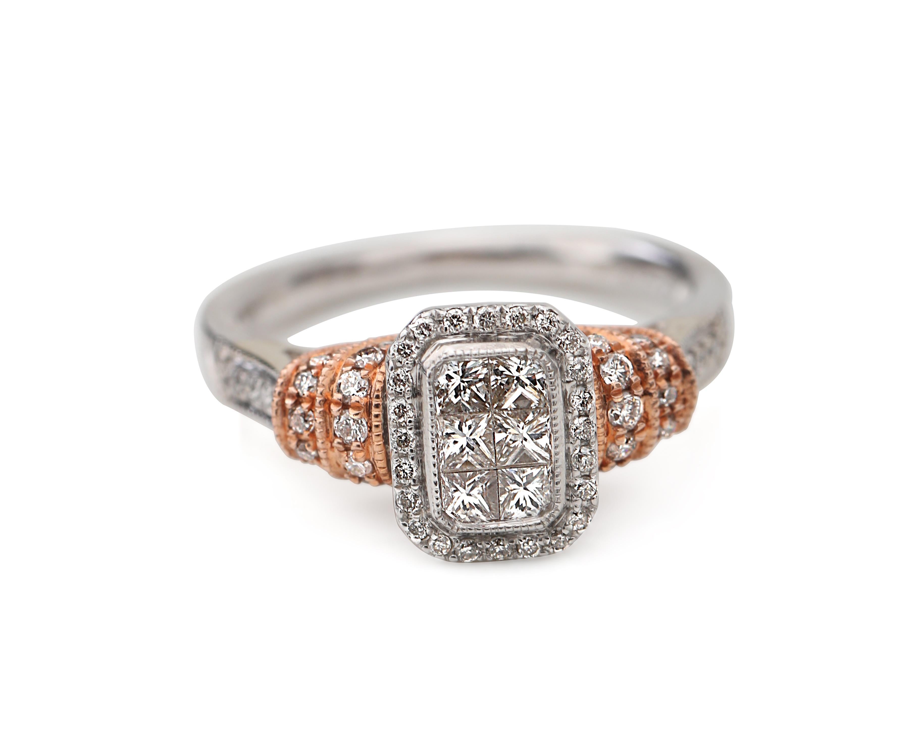 Beautifully crafted two-tone rose gold and white gold engagement ring. This ring features one carat of diamonds in total. The center appears to be a large stone, but in fact, is made up of 6 equal cut princess cut diamonds. It appears to look like a