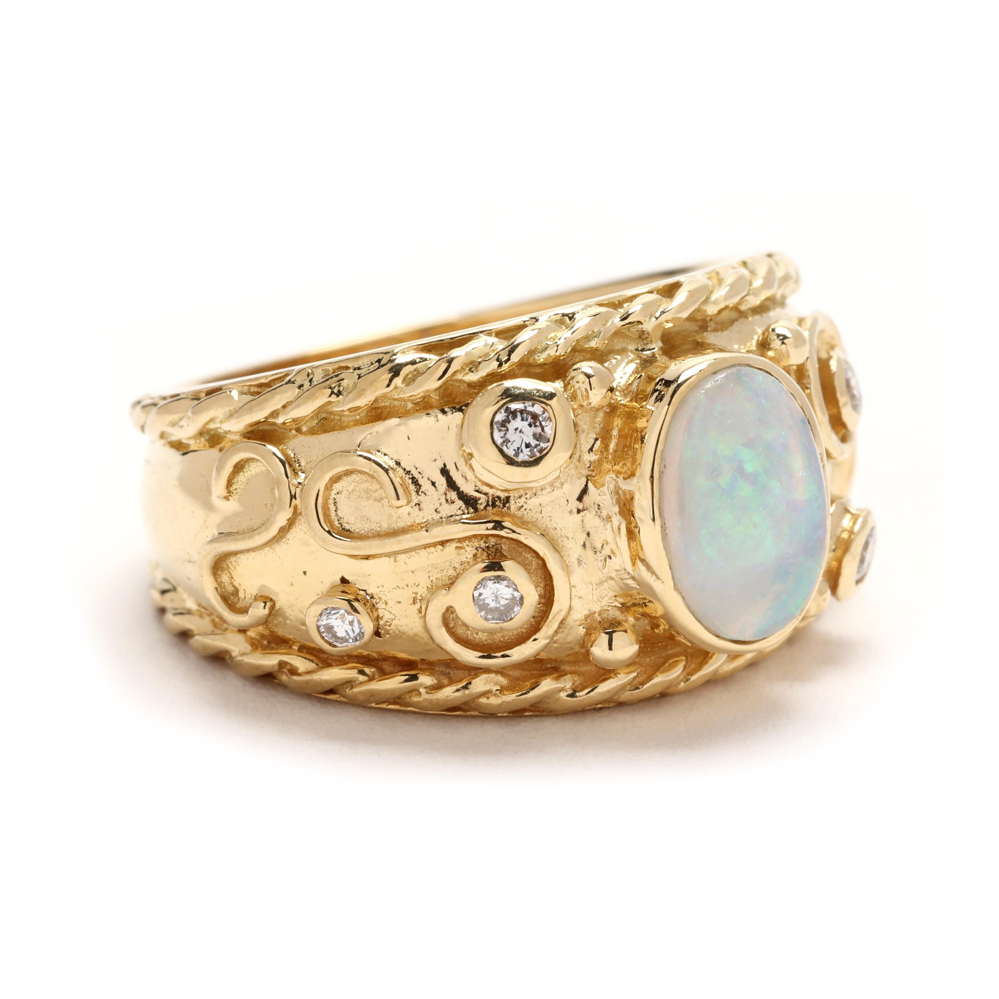 Step back in time with this stunning 1990s opal and diamond statement ring, crafted in luxurious 18k yellow gold. Featuring a luminous opal center stone surrounded by .10ctw of sparkling diamonds, this size 5.5 ring exudes vintage charm with a