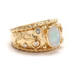 1990s .10ctw Diamond and Opal Statement Ring, 18k Yellow Gold, Ring Size 5.5