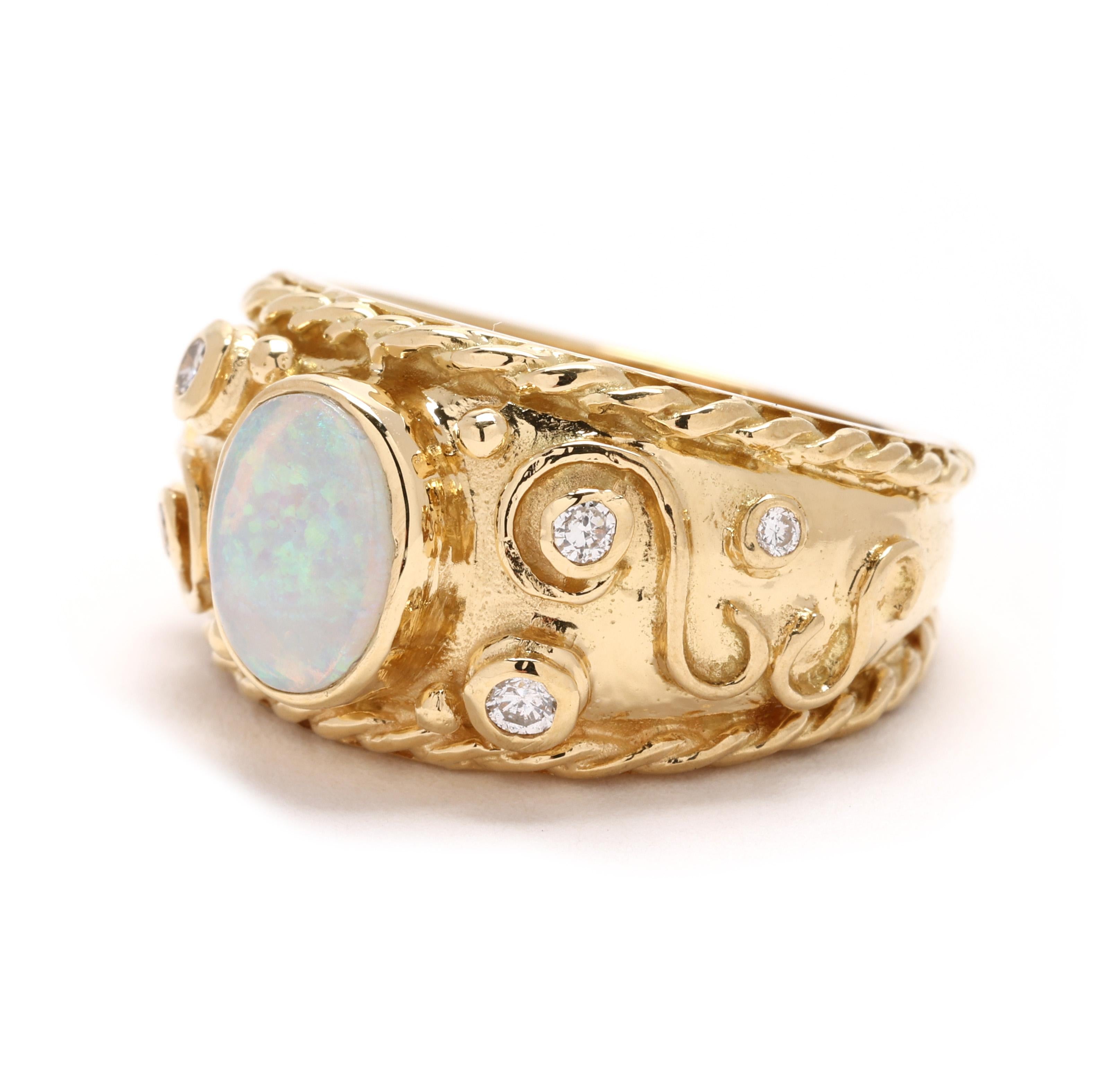 1990s .10ctw Diamond and Opal Statement Ring, 18k Yellow Gold, Ring Size 5.5 In Good Condition For Sale In McLeansville, NC
