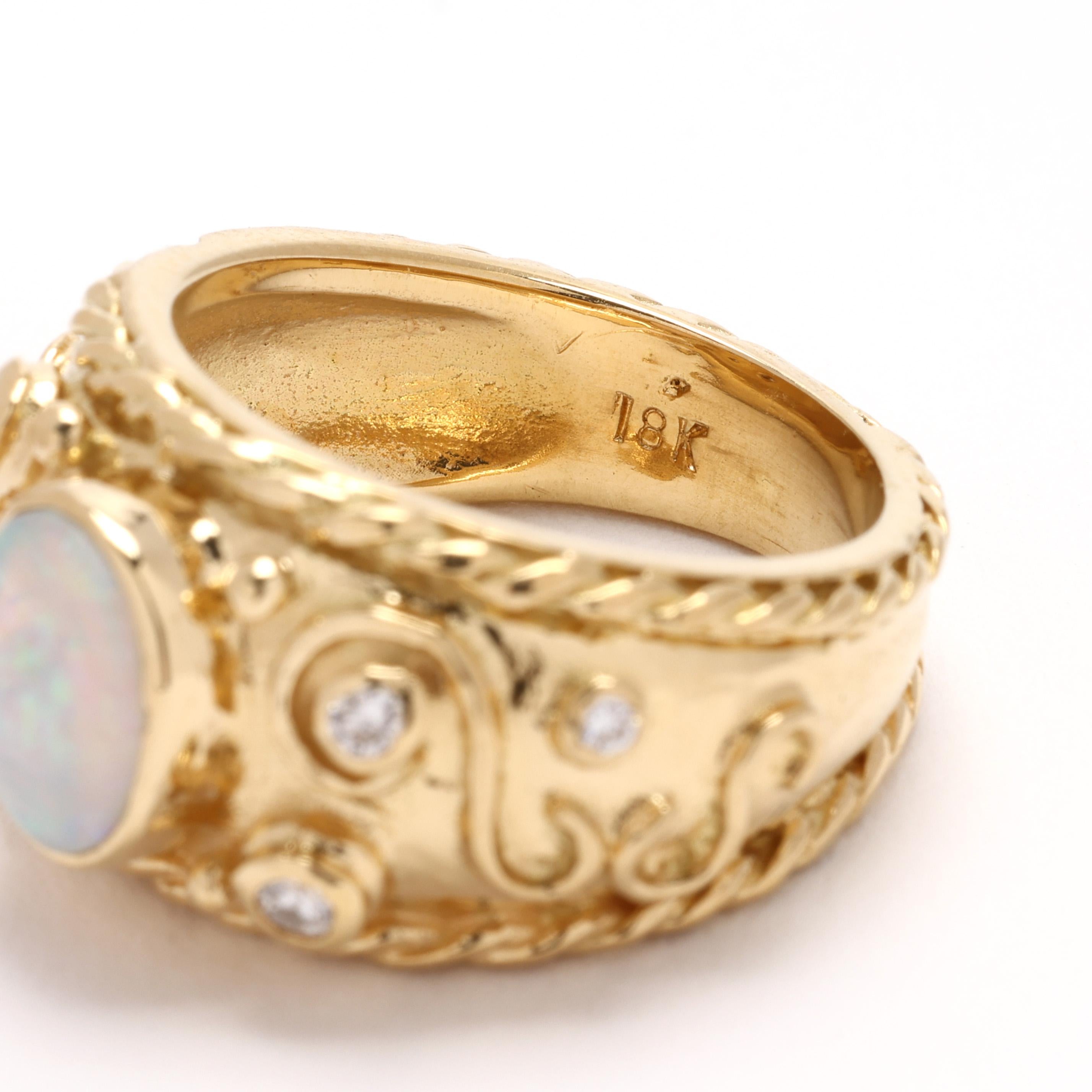 Women's or Men's 1990s .10ctw Diamond and Opal Statement Ring, 18k Yellow Gold, Ring Size 5.5 For Sale