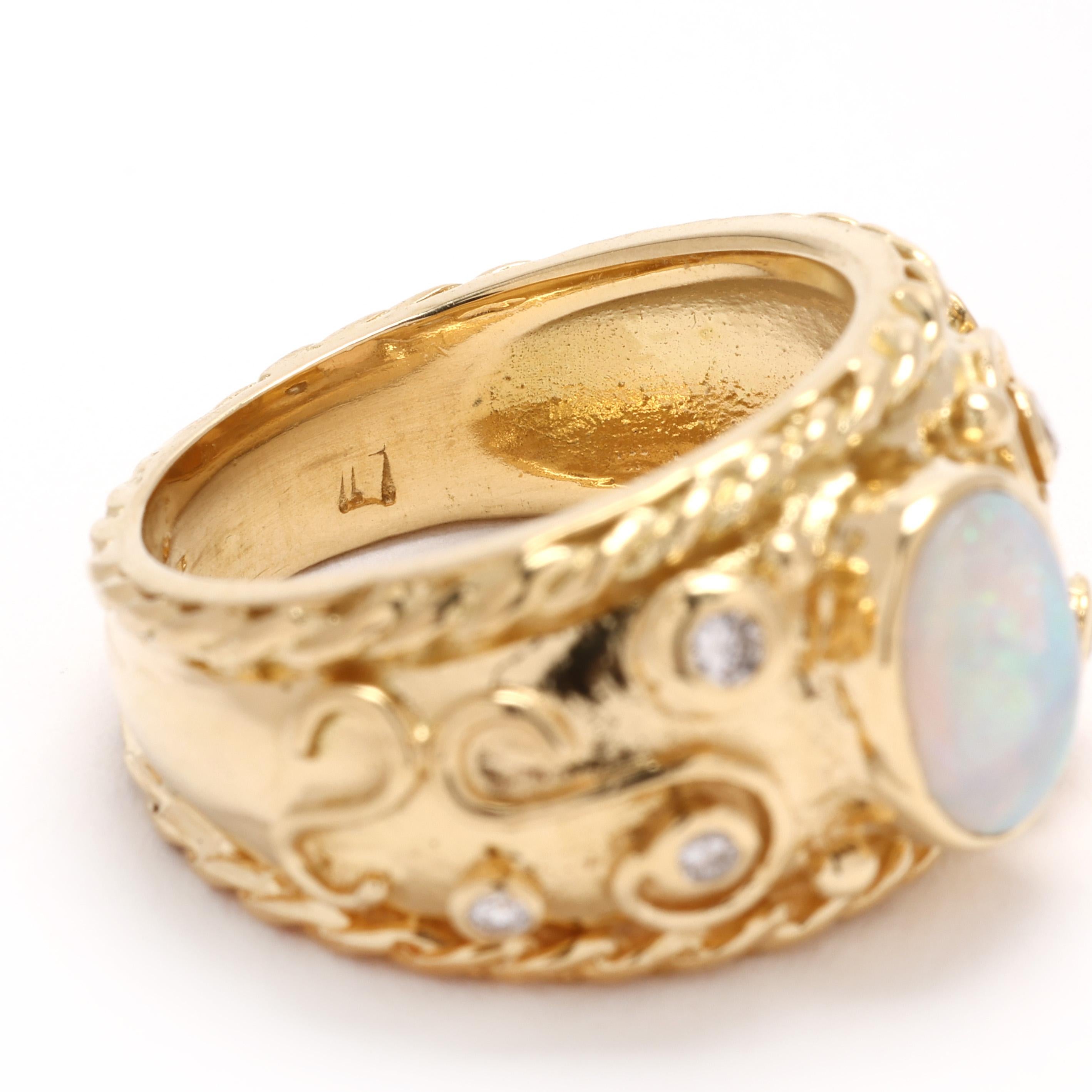 1990 Bague de déclaration avec diamant et opale, or jaune 18k, taille 5.5 en vente 1