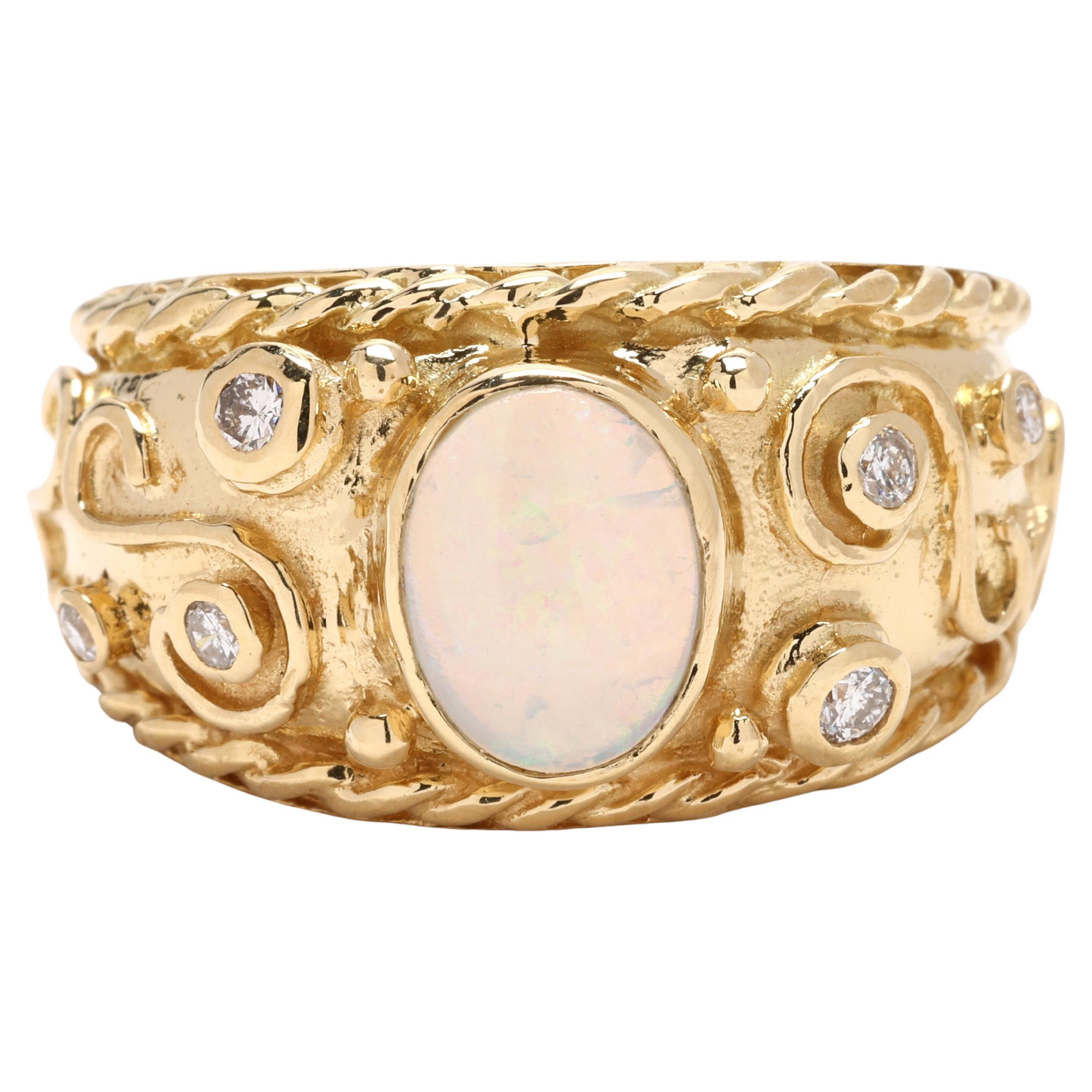 1990s .10ctw Diamond and Opal Statement Ring, 18k Yellow Gold, Ring Size 5.5