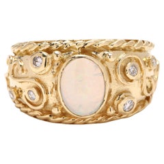 1990s .10ctw Diamond and Opal Statement Ring, 18k Yellow Gold, Ring Size 5.5