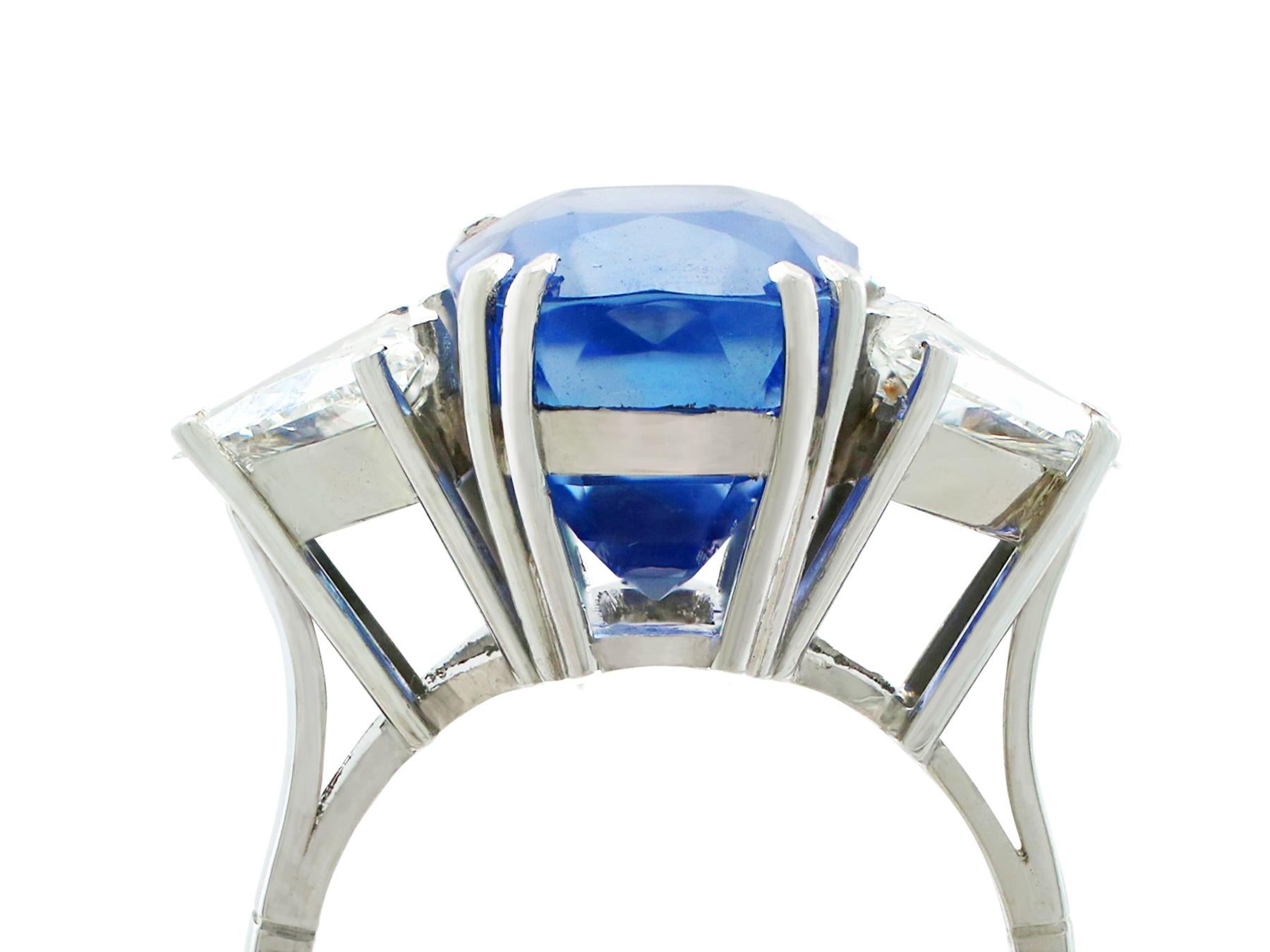 A stunning vintage 13.91 carat Ceylon sapphire and 1.70 carat diamond, 18 karat white gold trilogy style dress ring; part of our diverse vintage jewelry collections

This stunning, fine and impressive Ceylon sapphire and diamond ring has been