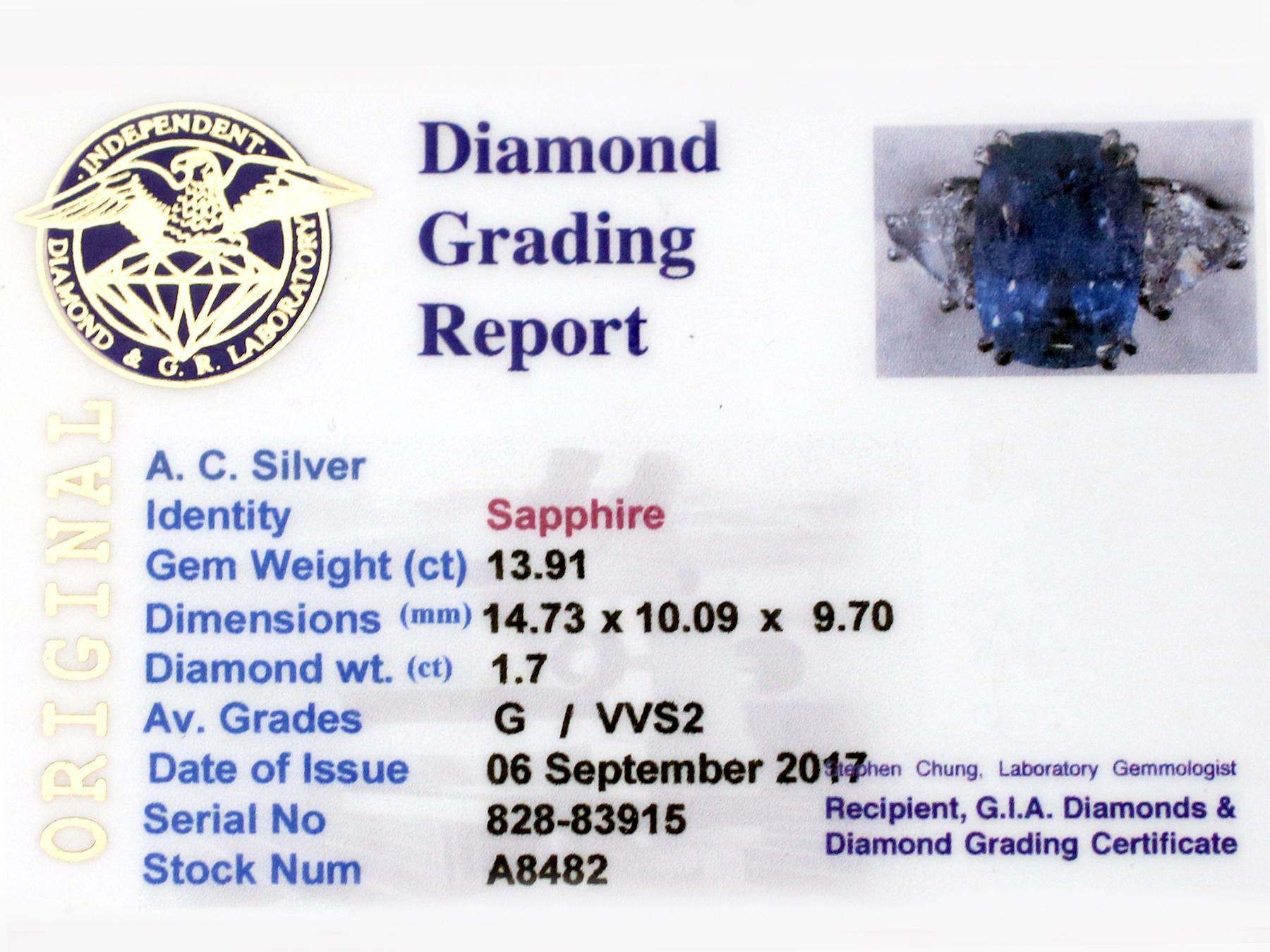 1990s 13.91 Carat Ceylon Sapphire and 1.70 Carat Diamond White Gold Ring 3