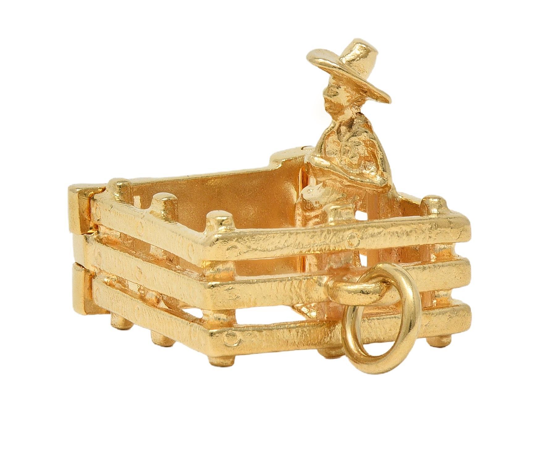 Modern 1990's 14 Karat Yellow Gold Vintage Farmer-In-A-Pen Pendant Charm For Sale