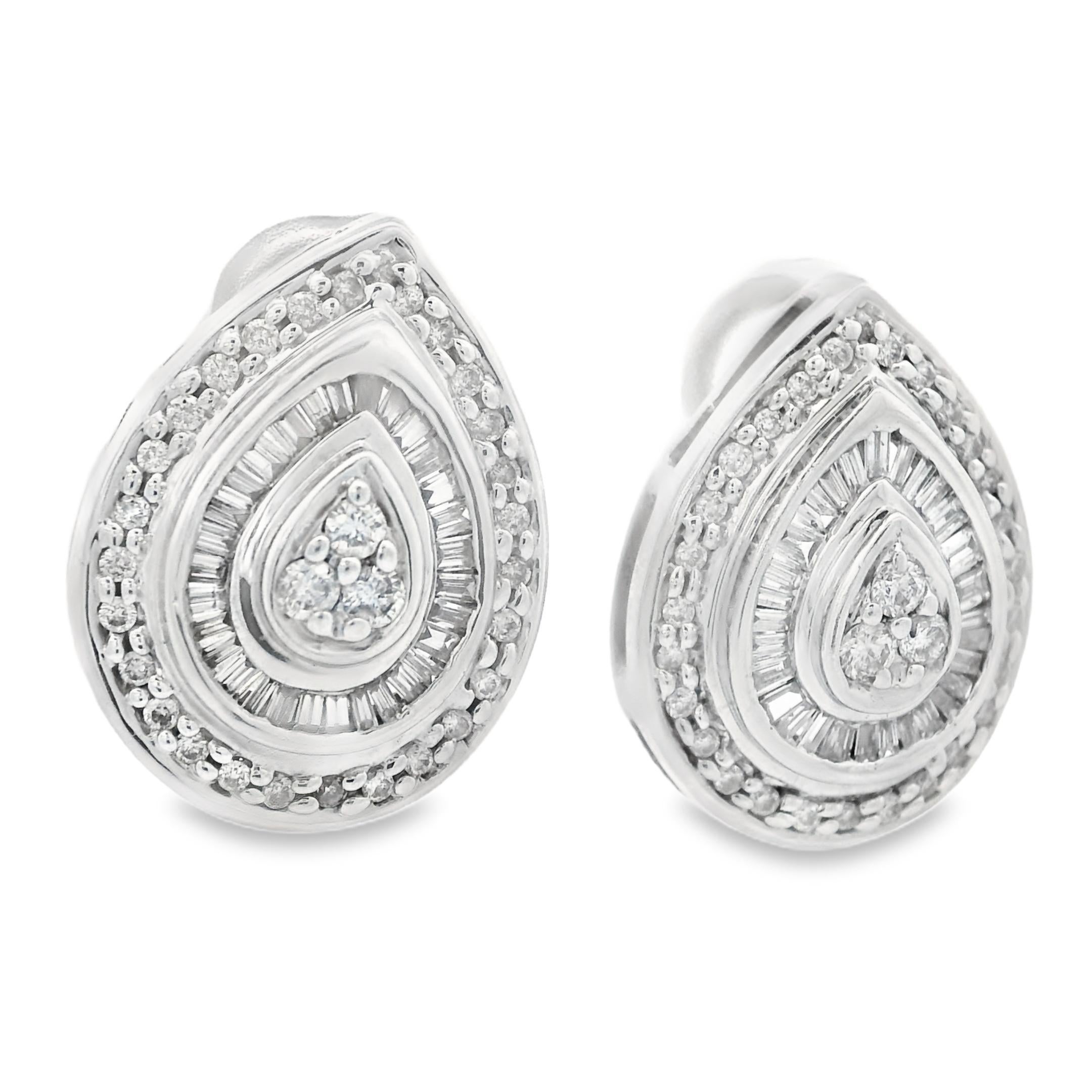 1990s 14k White Gold Baguette and Round Cut Diamond Earrings In Good Condition For Sale In Lexington, KY