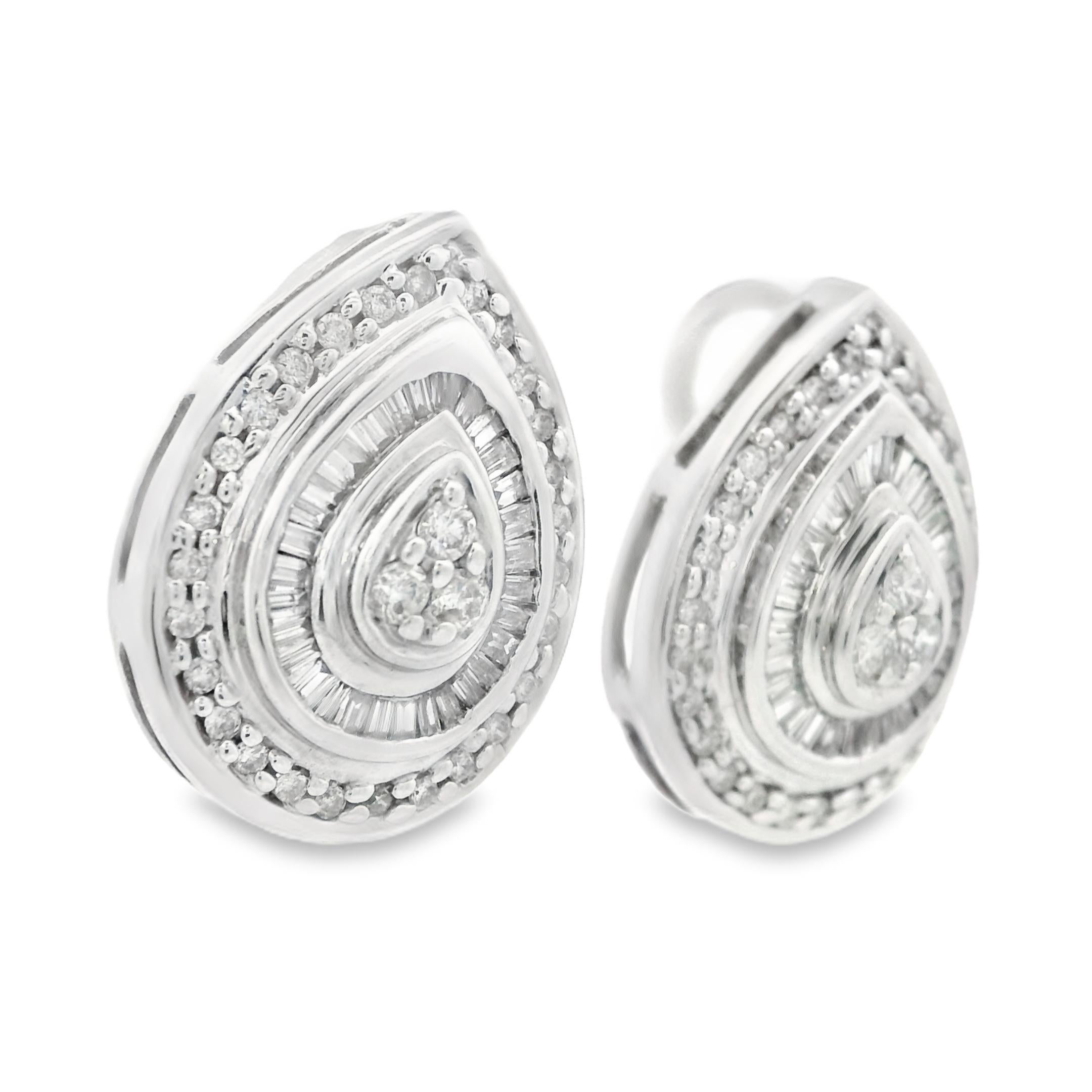 Women's 1990s 14k White Gold Baguette and Round Cut Diamond Earrings For Sale