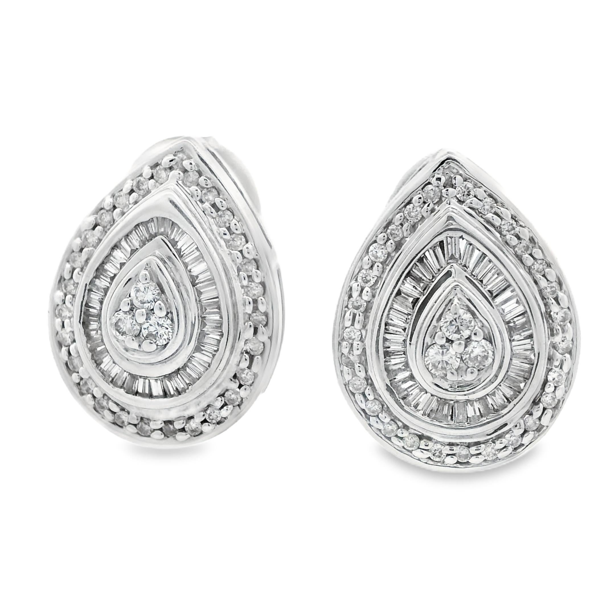 1990s 14k White Gold Baguette and Round Cut Diamond Earrings For Sale 2