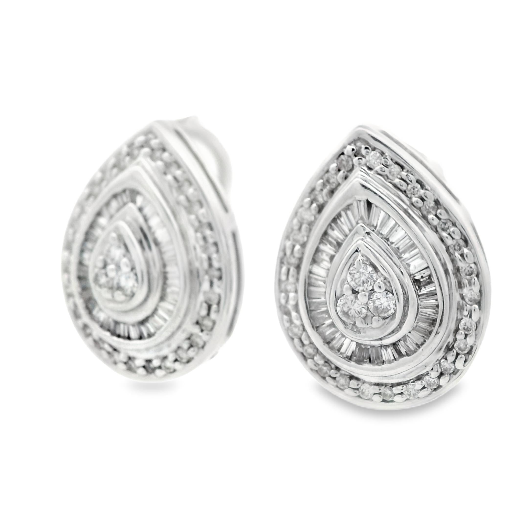 1990s 14k White Gold Baguette and Round Cut Diamond Earrings For Sale 3