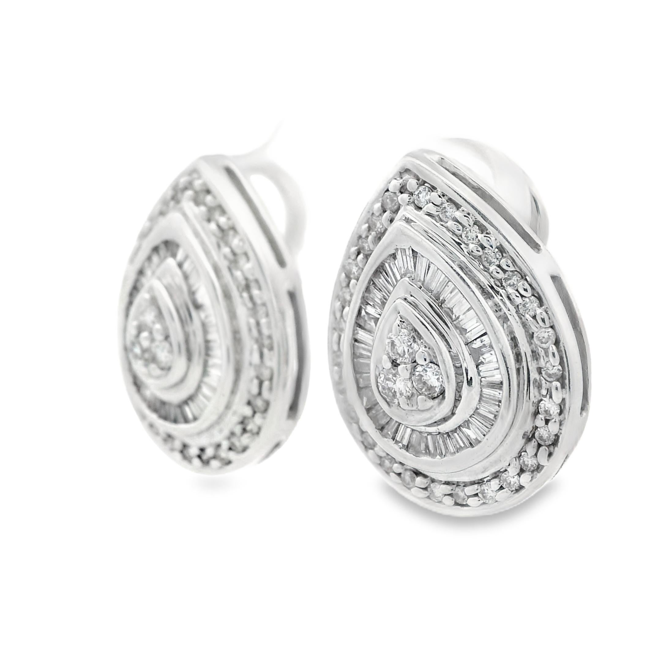1990s 14k White Gold Baguette and Round Cut Diamond Earrings For Sale 4