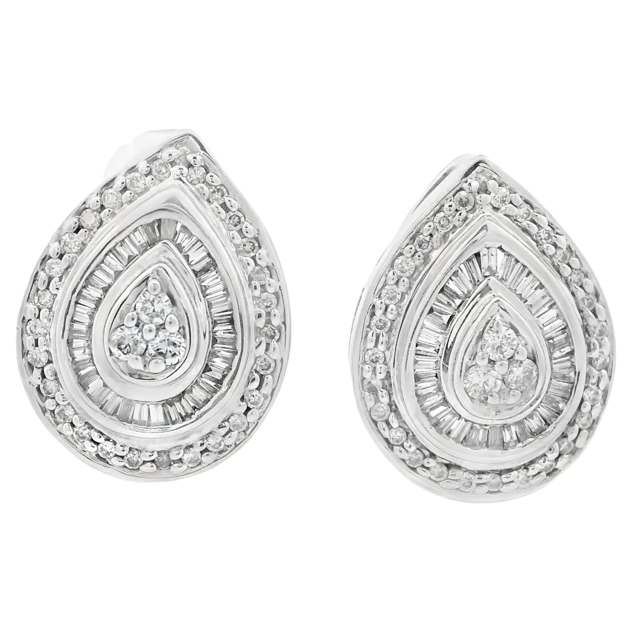 1990s 14k White Gold Baguette and Round Cut Diamond Earrings