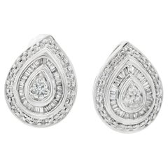 1990s 14k White Gold Baguette and Round Cut Diamond Earrings