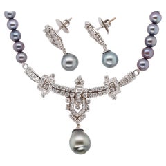 Retro 1990s 14k White Gold Tahitian Pearl & Diamond Necklace and Drop Earring Set