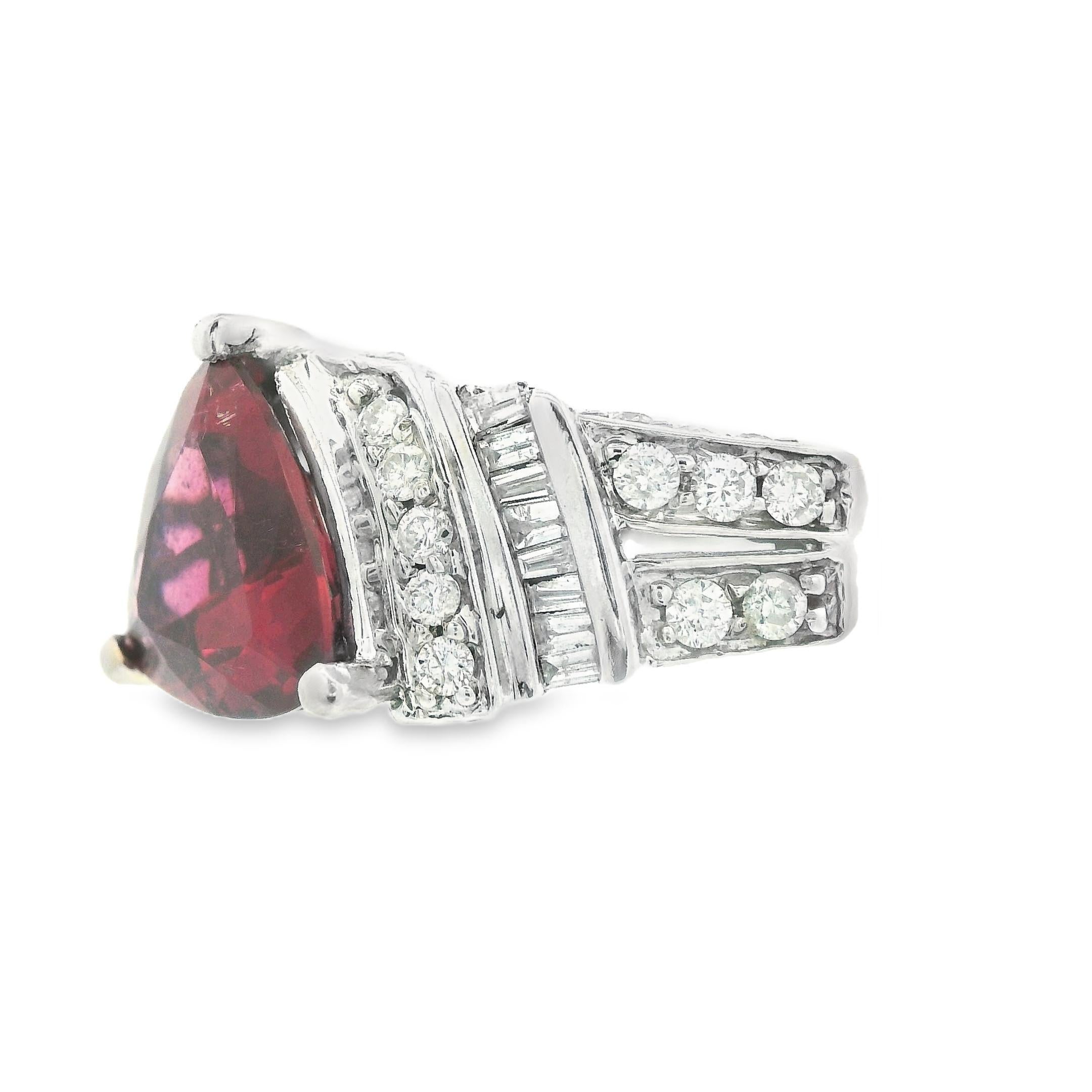 Baguette Cut 1990s 14k White Gold Tourmaline & Diamond Ring For Sale