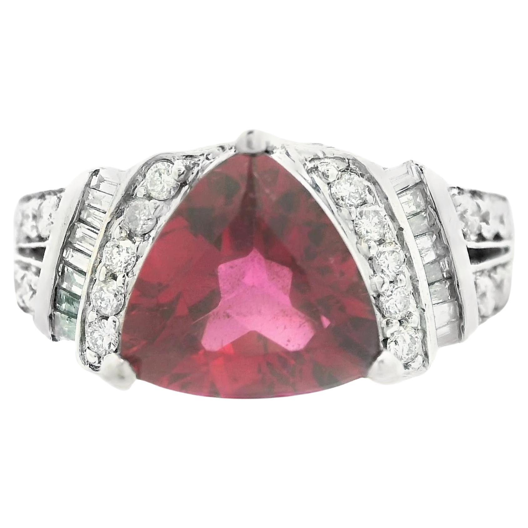 1990s 14k White Gold Tourmaline & Diamond Ring