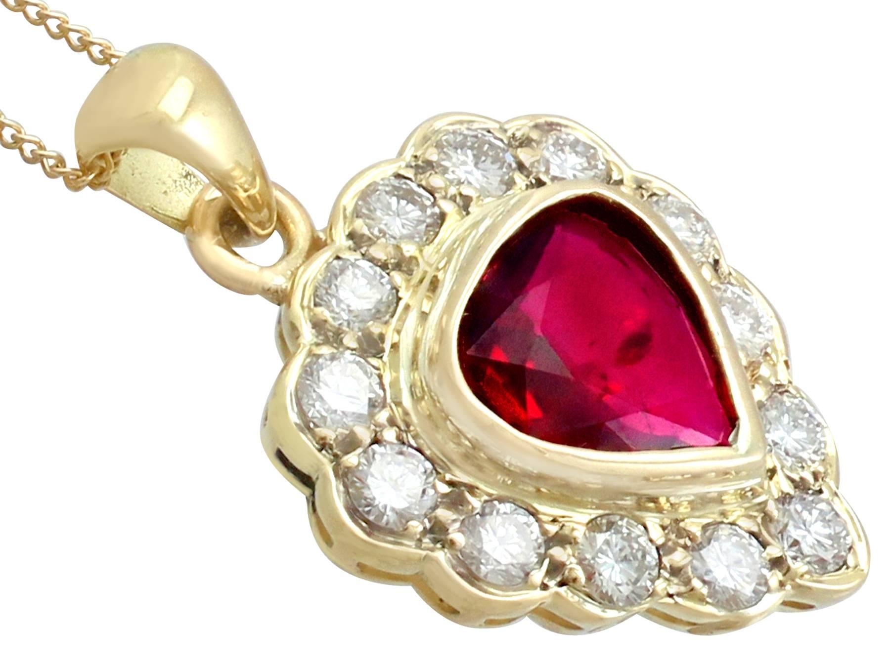 Pear Cut 1990s 1.55 Carat Ruby and Diamond 18 Karat Yellow Gold Pendant