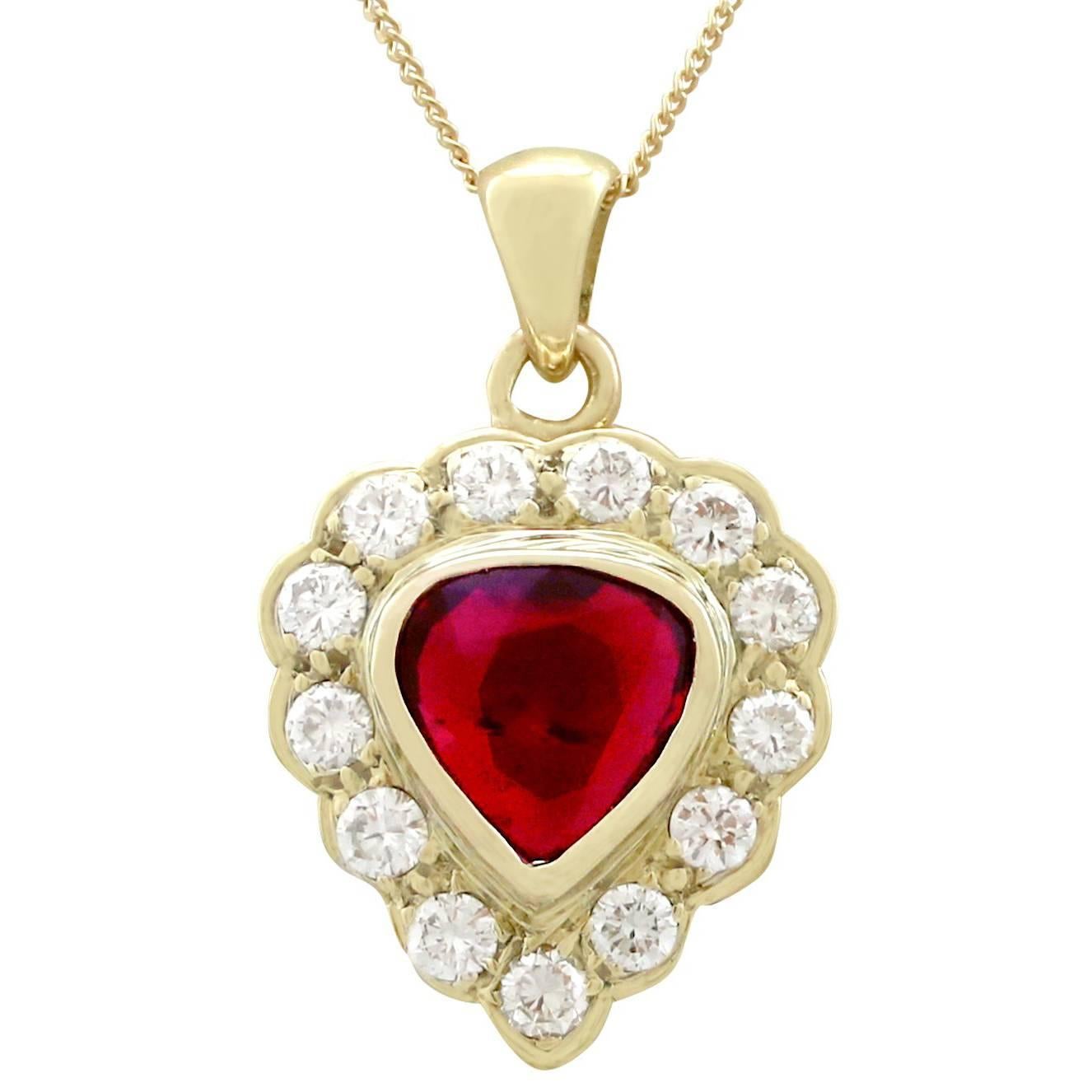 1990s 1.55 Carat Ruby and Diamond 18 Karat Yellow Gold Pendant