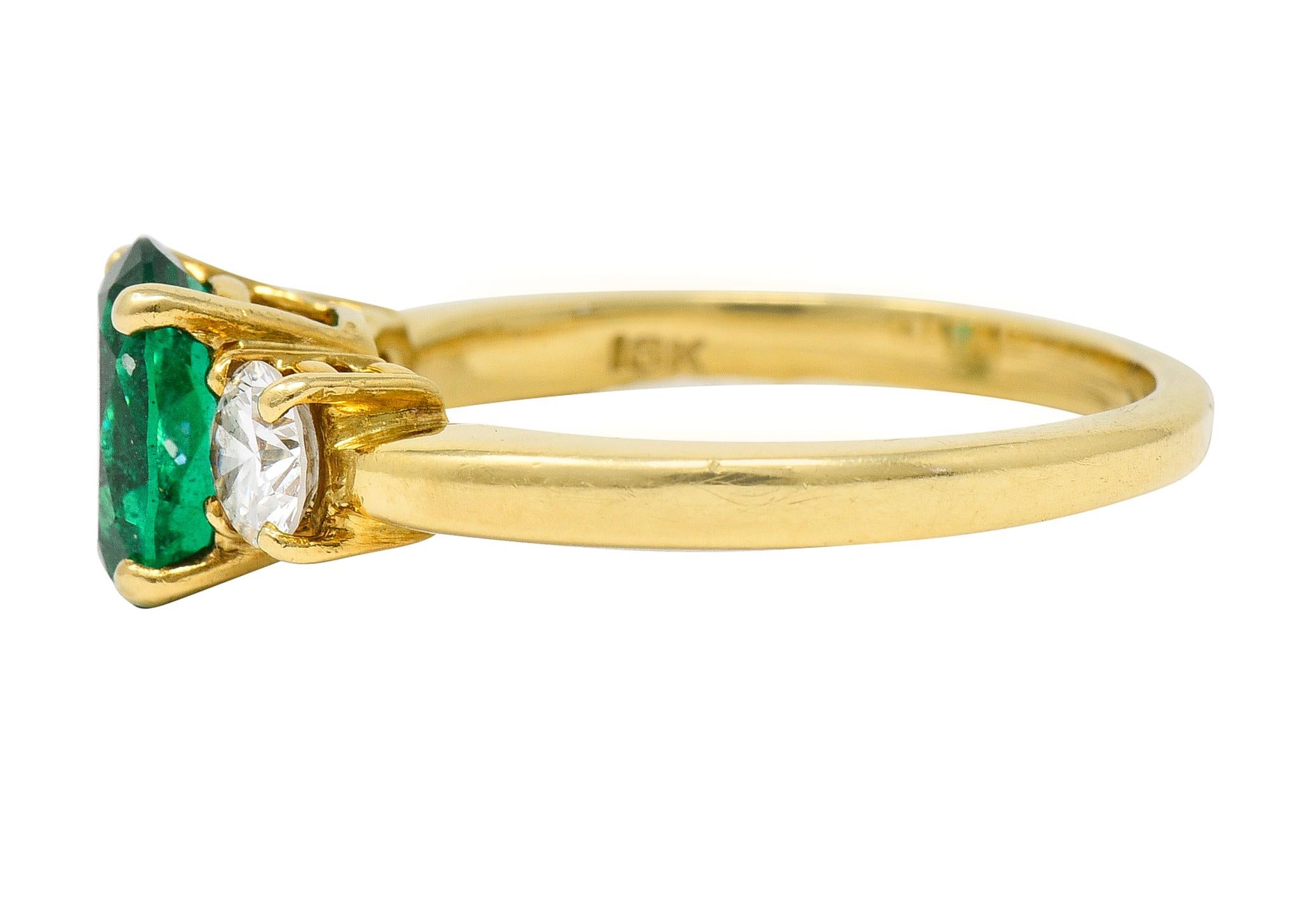 1990's 1.60 CTW Oval Cut Zambian Emerald Diamond 18 Karat Yellow Gold Ring  1