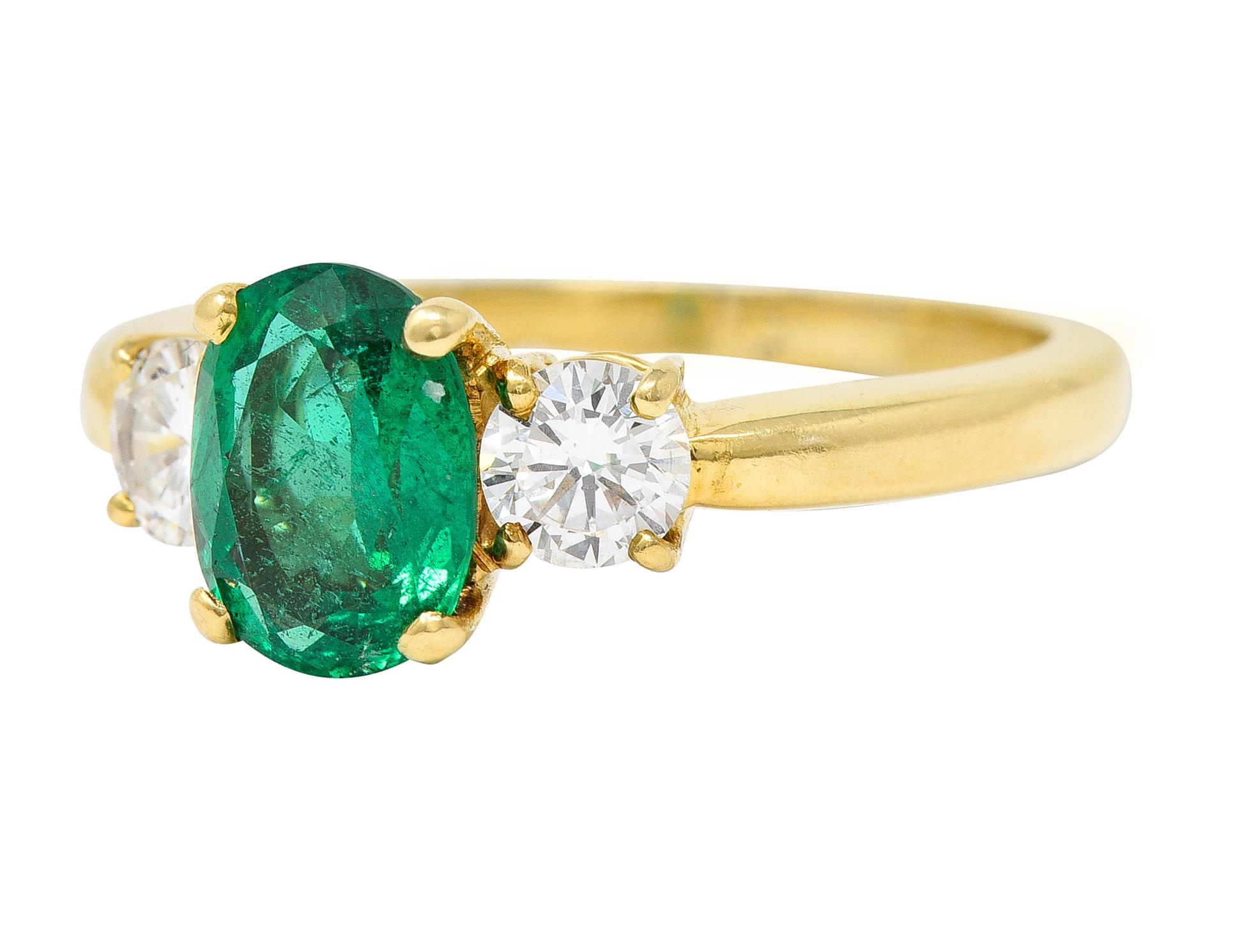 1990's 1.60 CTW Oval Cut Zambian Emerald Diamond 18 Karat Yellow Gold Ring  2