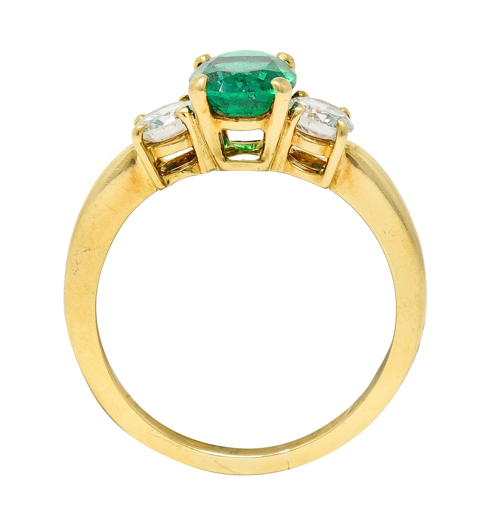 1990's 1.60 CTW Oval Cut Zambian Emerald Diamond 18 Karat Yellow Gold Ring  4