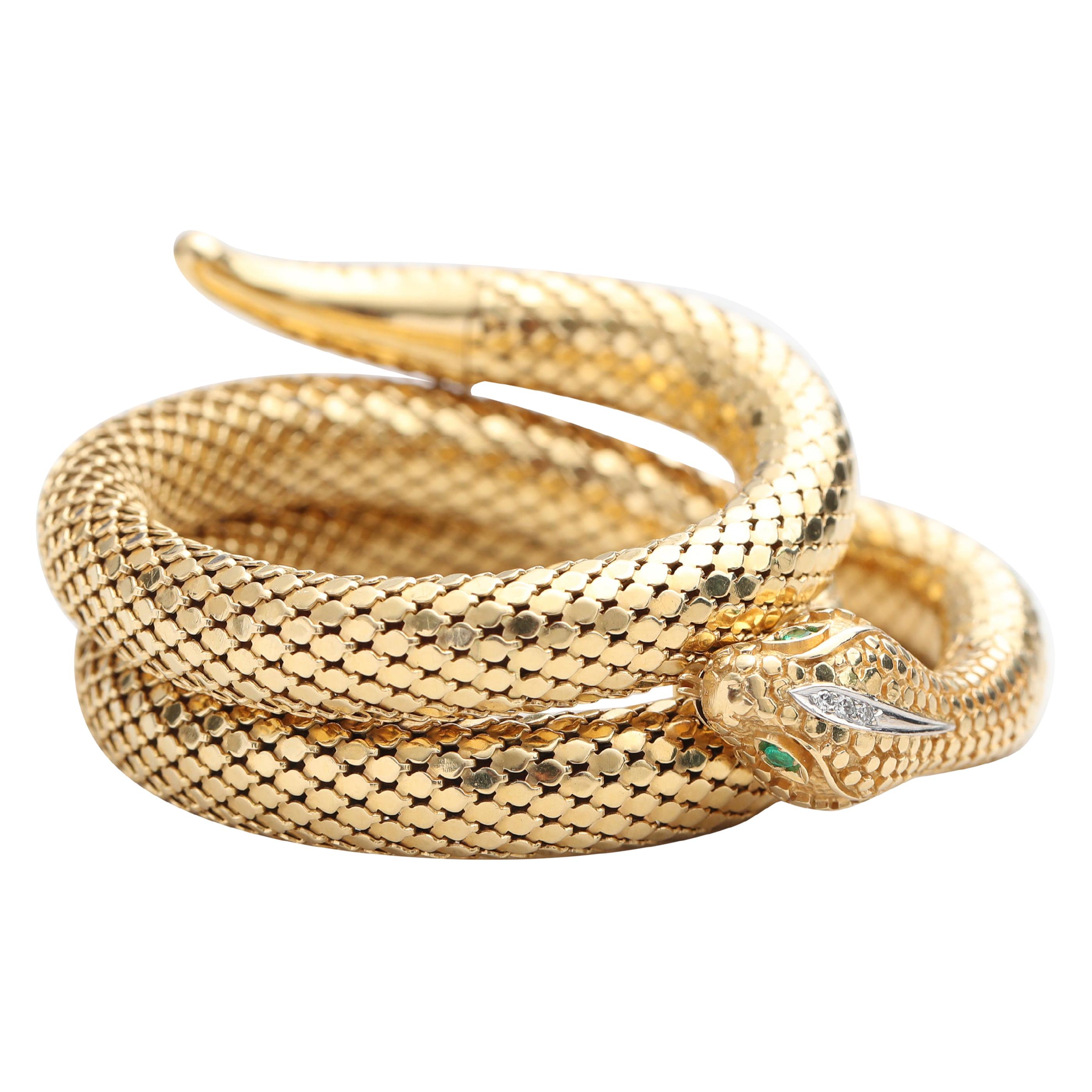 1990s 18 Karat Yellow Gold Serpent Bangle Bracelet