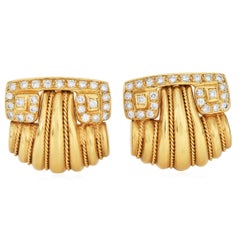 1990s 18K Gold Diamond Grooved Clip on Statement Earrings