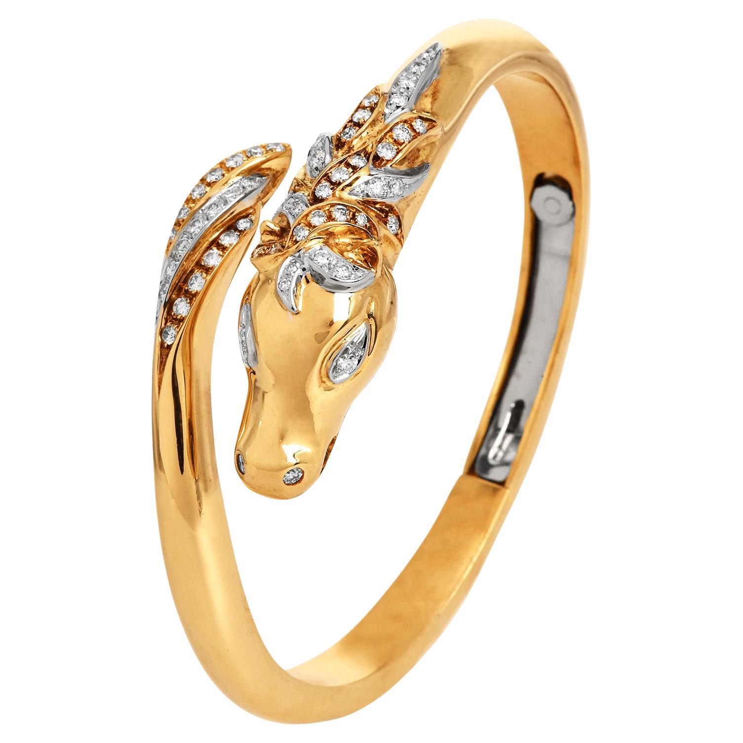 1990S 18K Gold Diamond Horse Bangle Bracelet