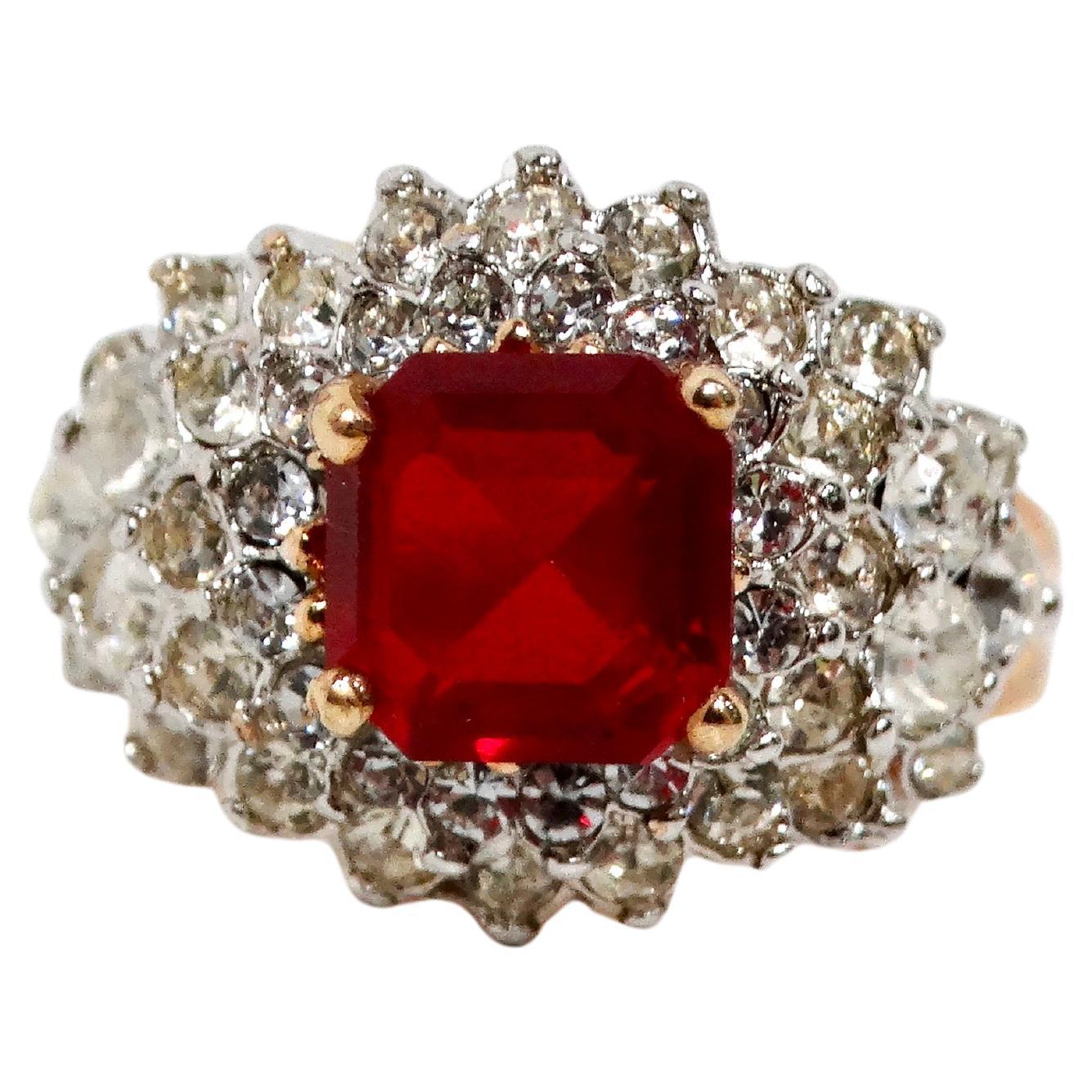1990s 18k Gold Plated Crystal Cluster Synthetic Ruby Cocktail Ring