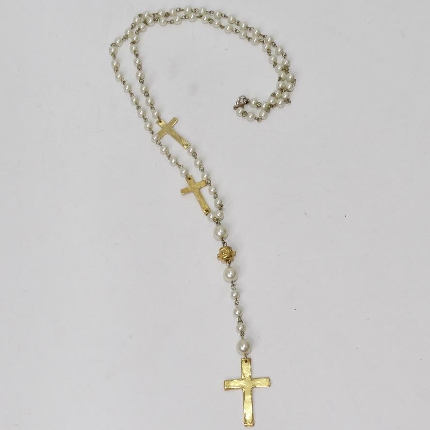 1990s 18K Gold Plated Faux Pearl Rosary Necklace In Excellent Condition For Sale In Scottsdale, AZ