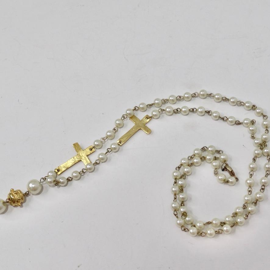 Women's or Men's 1990s 18K Gold Plated Faux Pearl Rosary Necklace For Sale