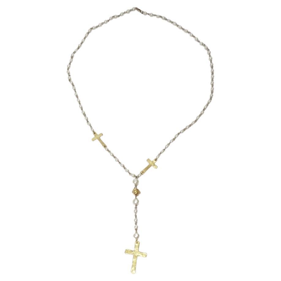 1990s 18K Gold Plated Faux Pearl Rosary Necklace For Sale