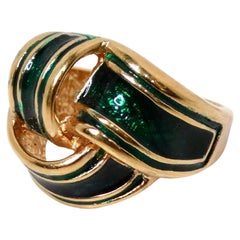 Vintage 1990s 18k Gold Plated & Green Enamel Striped Ribbon Style Cocktail Ring