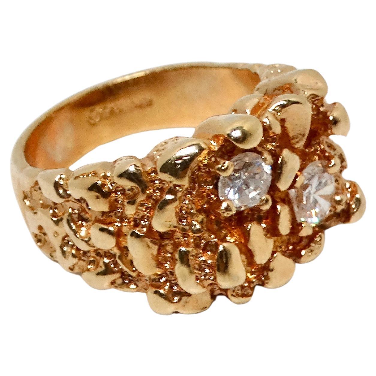 1990s 18k Gold Plated Nugget Large Cocktail Ring With Synthetic Crystals