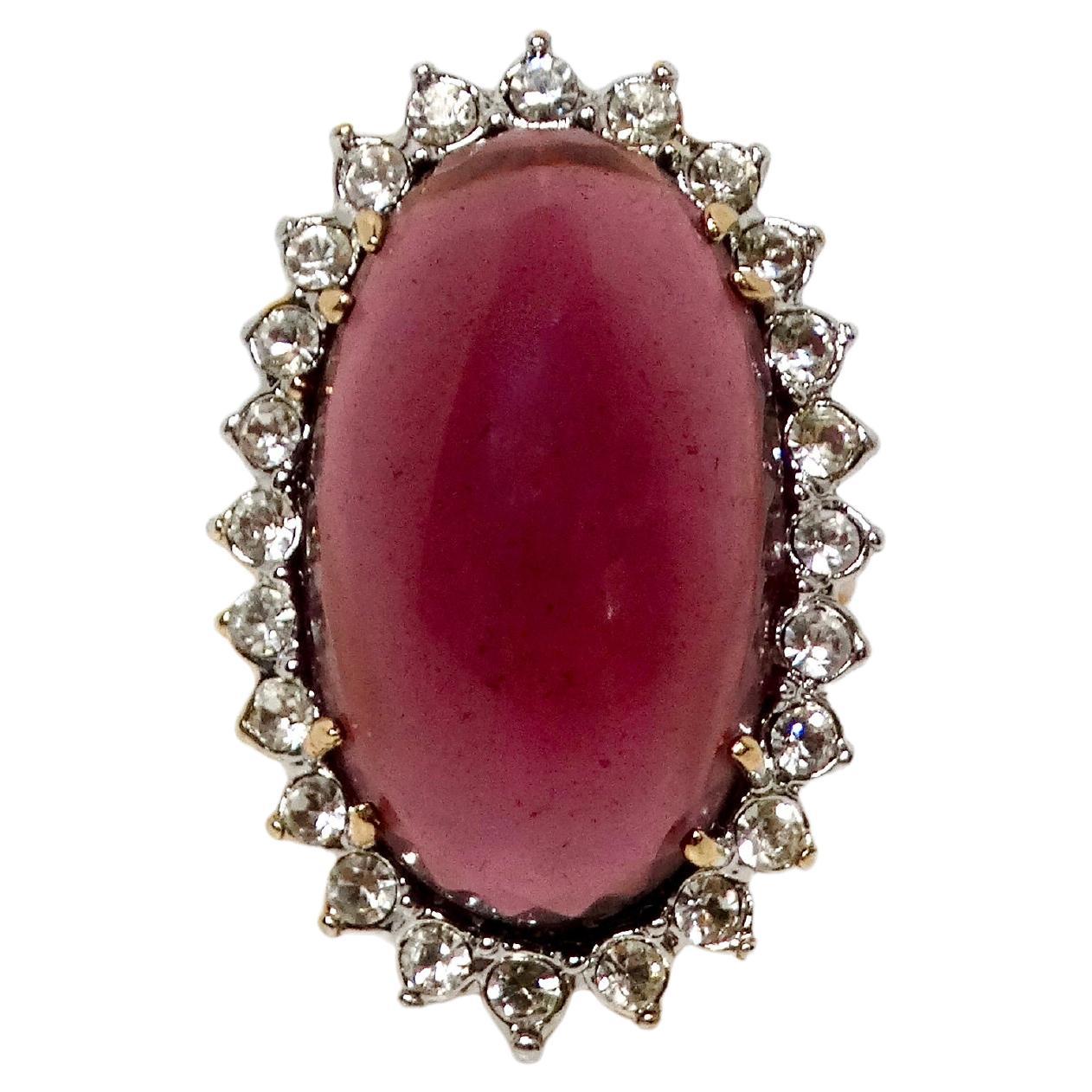1990s 18k Gold Plated Synthetic Amethyst Crystal Surrounded Oval Cocktail Ring For Sale