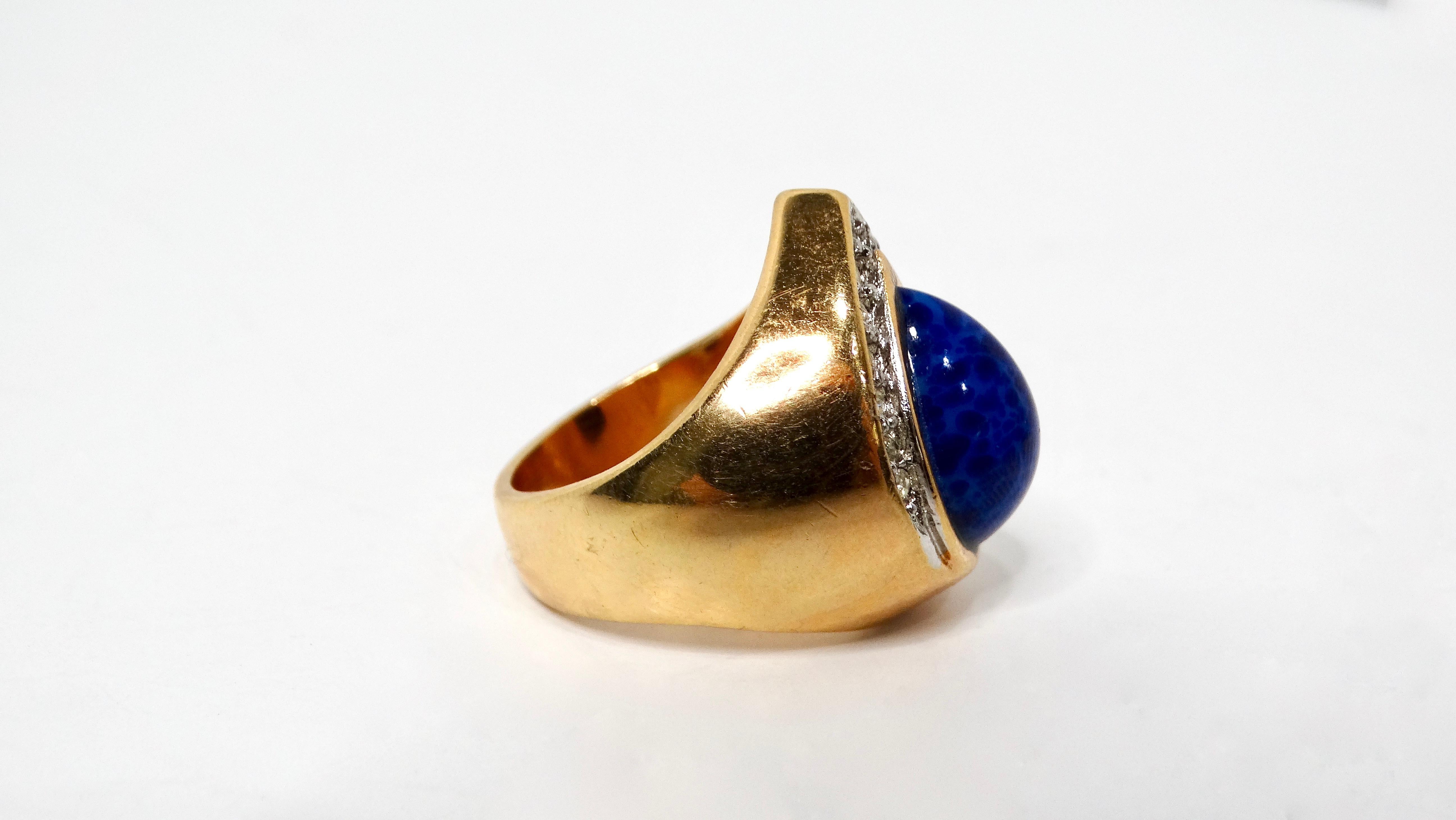 1990s 18k Gold Plated Synthetic Lapis & Crystal Teardrop Cocktail Ring In Good Condition For Sale In Scottsdale, AZ
