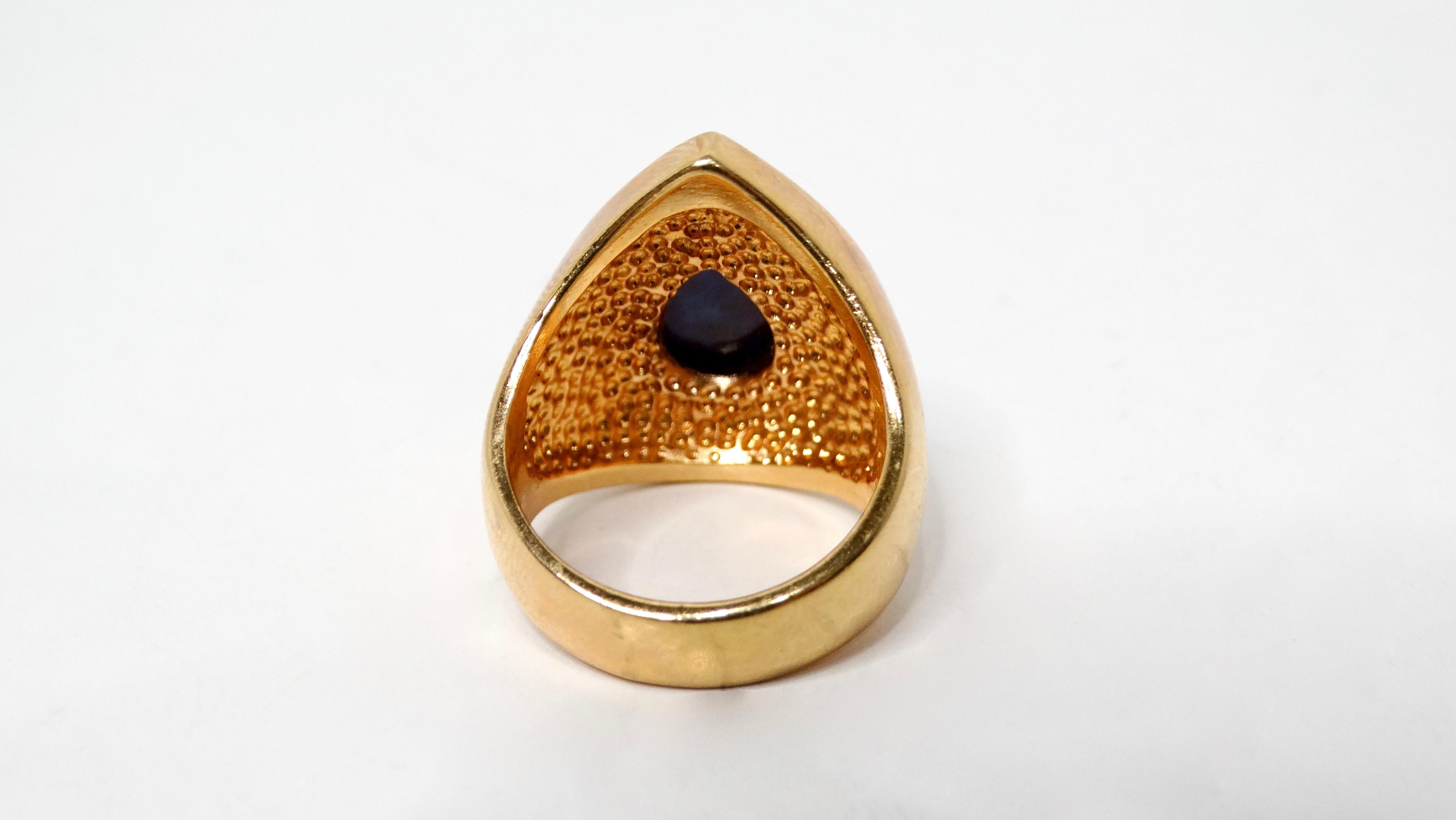 Women's or Men's 1990s 18k Gold Plated Synthetic Lapis & Crystal Teardrop Cocktail Ring For Sale