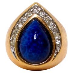 1990s 18k Gold Plated Synthetic Lapis & Crystal Teardrop Cocktail Ring