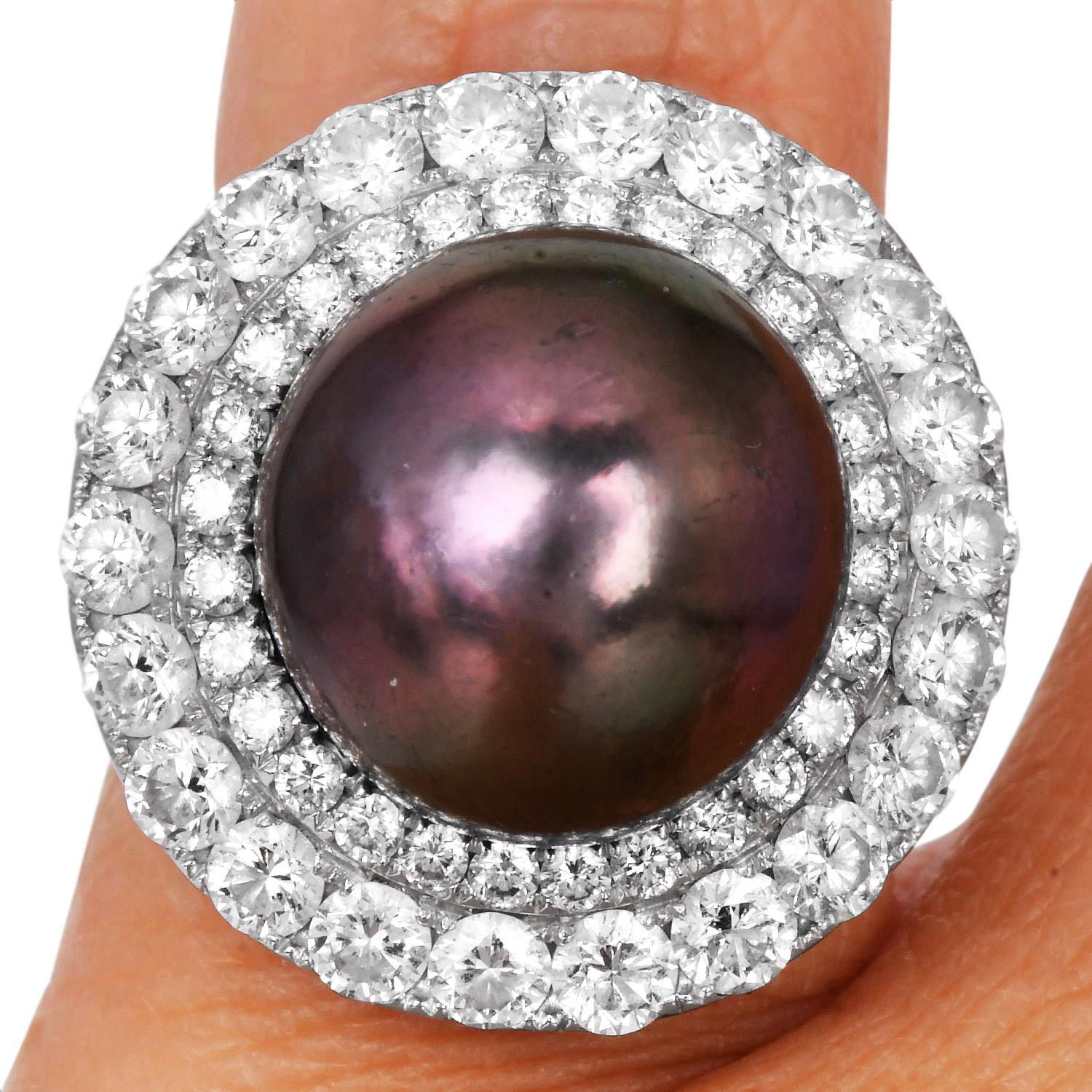 1990s 18K White Gold South Sea Pearl 2.82cts Diamond Cocktail Ring For Sale 5